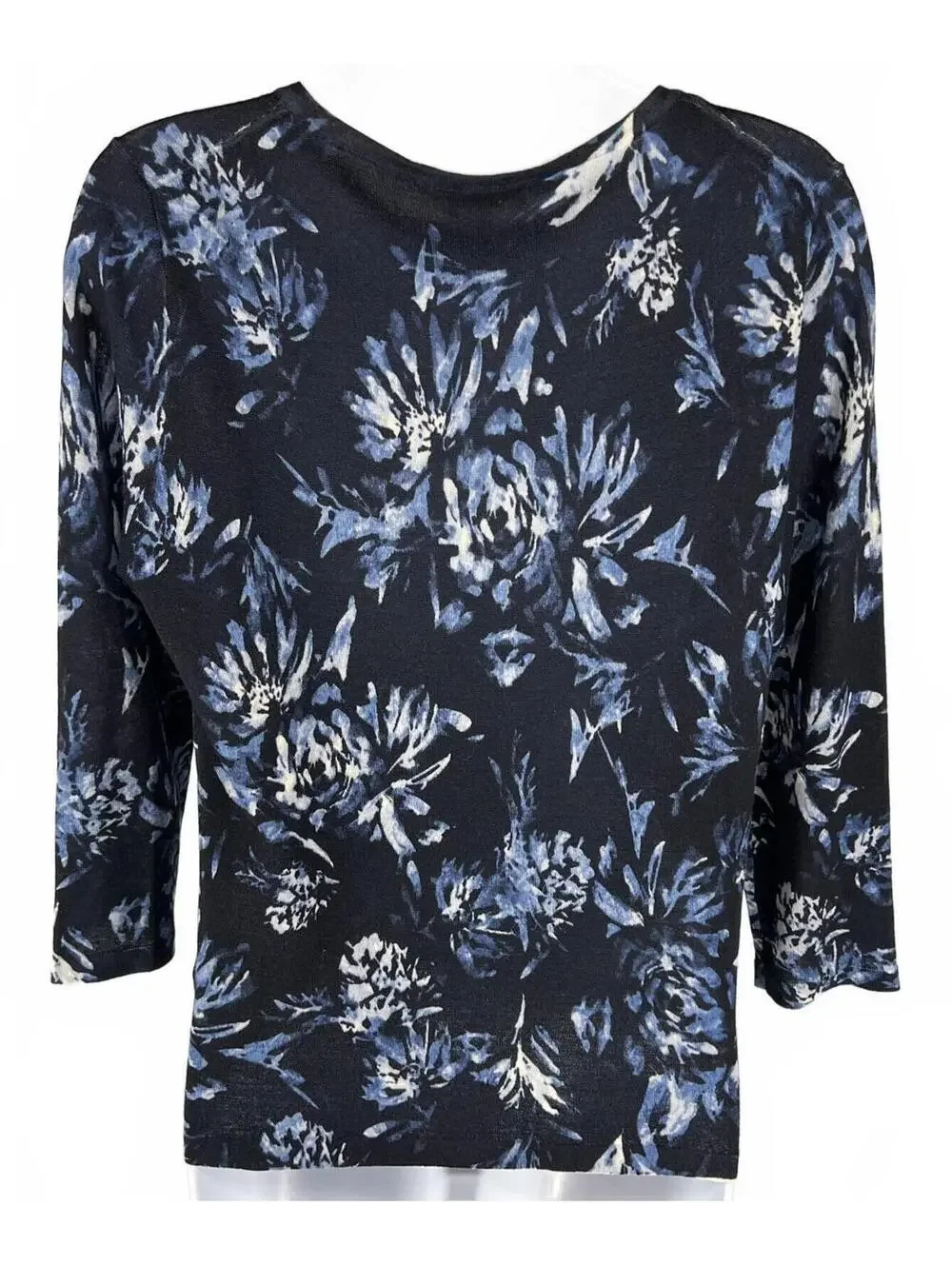 Garnet Hill 100% Merino Wool Cardigan // Blue Floral Coastal Grandmother [M] - Picture 2 of 7